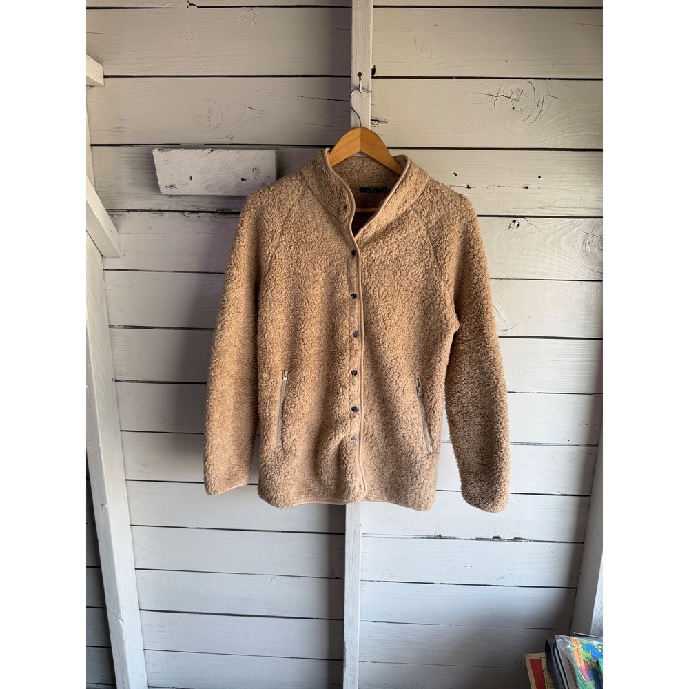 Micoson Tan Fleece Jacket Womens Large Snap Front Mock Neck Teddy Coat